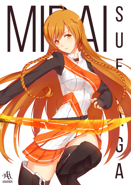 Anime picture 744x1052 with mirai millenium suenaga mirai hananon single long hair tall image fringe breasts simple background blonde hair white background yellow eyes character names girl skirt hair ornament weapon sword hairclip