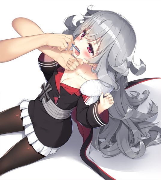 Anime-Bild 1431x1600 mit azur lane zeppy (azur lane) olive (laai) long hair tall image blush fringe breasts open mouth light erotic simple background hair between eyes white background sitting payot pleated skirt pink eyes from above grey hair wide sleeves