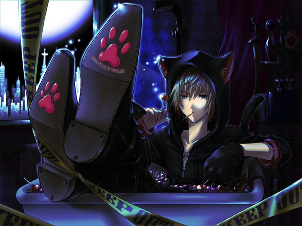 Anime picture 1024x768 with vocaloid envy cat walk (vocaloid) kagamine len shirano (artist) single looking at viewer short hair blonde hair animal ears tail aqua eyes cat ears cat tail eating city lights boy gloves flower (flowers) boots hood