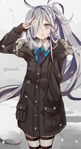 Anime picture 550x1006 with kantai collection asashimo (kantai collection) shijima (sjmr02) single tall image looking at viewer fringe open mouth brown eyes very long hair grey hair hair over one eye fur trim side ponytail snowing exhalation hand in pocket salute girl thighhighs