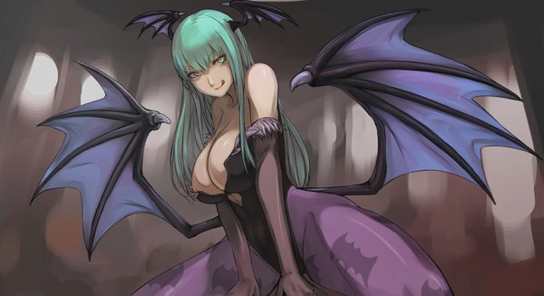 Anime picture 1500x818 with vampire / darkstalkers (game) morrigan aensland tea (nakenashi) single long hair breasts light erotic wide image large breasts green eyes cleavage green hair spread legs kneeling bat wings head wings licking girl gloves wings