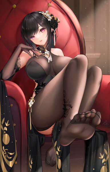 Anime picture 4620x7200 with azur lane chen hai (azur lane) chen hai (vestibule of wonders) (azur lane) liu liaoliao single tall image looking at viewer blush fringe highres short hair breasts light erotic black hair large breasts sitting purple eyes signed payot absurdres