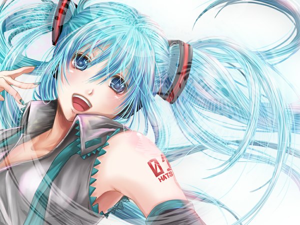 Anime picture 1000x750 with vocaloid hatsune miku wolf025 long hair open mouth blue eyes simple background white background bare shoulders blue hair girl