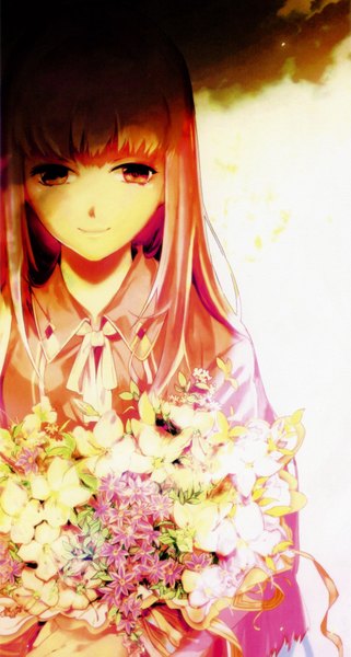 Anime picture 1745x3262 with pixiv girls collection 2010 zis (artist) single long hair tall image highres brown hair brown eyes pink hair light smile sunlight scan orange hair shadow girl flower (flowers) bouquet