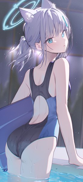 Anime picture 1881x4100 with blue archive shiroko (blue archive) shiroko (swimsuit) (blue archive) ningen mame single tall image looking at viewer blush fringe highres short hair blue eyes light erotic animal ears silver hair ponytail blunt bangs from behind partially submerged official alternate costume