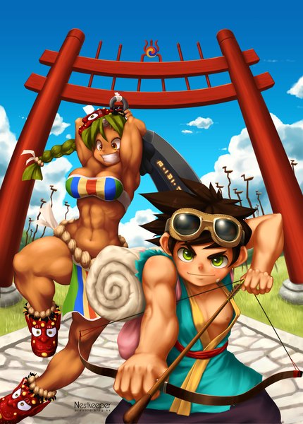 Anime picture 1600x2232 with nestkeeper long hair tall image looking at viewer short hair breasts black hair smile large breasts green eyes traditional clothes japanese clothes green hair bare belly orange eyes girl boy weapon goggles bow (weapon)