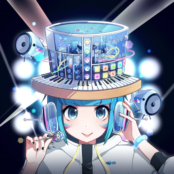 Anime picture 1500x1500 with vocaloid nou single looking at viewer fringe short hair blue eyes blue hair blunt bangs nail polish portrait :p black nail polish cover hand on headphones album cover girl hat food jacket