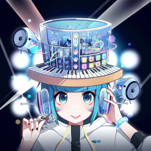 Anime-Bild 1500x1500 mit vocaloid nou single looking at viewer fringe short hair blue eyes blue hair blunt bangs nail polish portrait :p black nail polish cover hand on headphones album cover girl hat food jacket