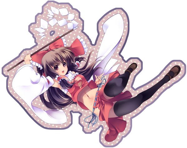 Anime picture 2000x1588 with touhou hakurei reimu highres open mouth red eyes brown hair white background miko girl thighhighs skirt navel bow black thighhighs hair bow detached sleeves miniskirt skirt set