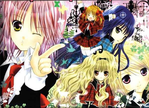 Anime picture 3493x2541 with shugo chara! hinamori amu mashiro rima yuiki yaya hotori tadase fujisaki nagihiko long hair blush highres blonde hair brown hair purple eyes multiple girls brown eyes blue hair pink hair one eye closed wink group otoko no ko