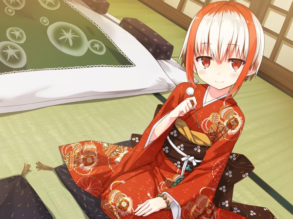 Anime picture 3000x2252 with monobeno sumi (monobeno) cura single looking at viewer blush fringe highres short hair smile hair between eyes red eyes sitting holding white hair red hair indoors traditional clothes japanese clothes multicolored hair