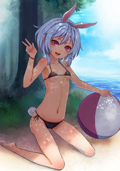 Anime picture 1748x2480 with original bryanth single tall image looking at viewer highres short hair open mouth light erotic smile sitting bare shoulders sky cloud (clouds) full body outdoors :d pink eyes barefoot pointy ears