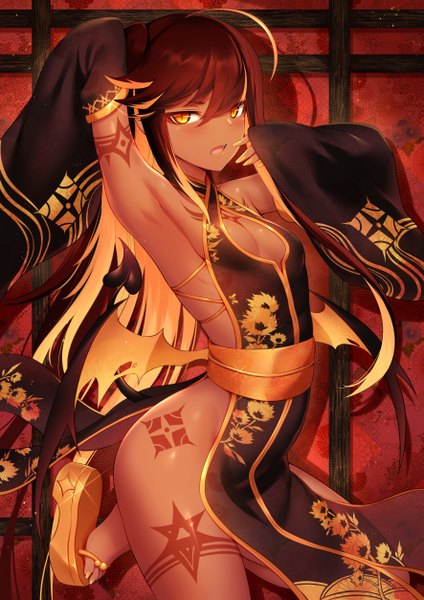Anime picture 3541x5016 with original mdastarou single long hair tall image looking at viewer blush fringe highres breasts open mouth light erotic hair between eyes standing absurdres cleavage ahoge tail nail polish traditional clothes