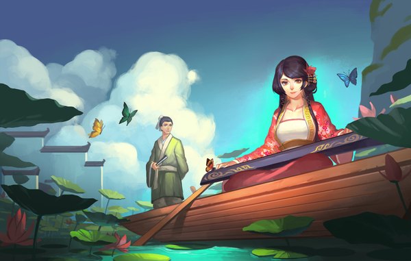 Anime picture 1650x1050 with kalata long hair looking at viewer short hair black hair sky cloud (clouds) traditional clothes japanese clothes orange eyes girl boy hair ornament flower (flowers) hairclip insect butterfly water lily