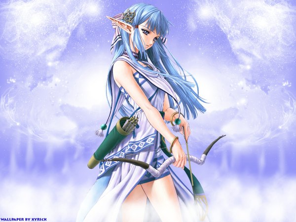 Anime picture 1600x1200 with ys olha (ys) taue shunsuke single long hair open mouth blue eyes bare shoulders signed blue hair pointy ears elf third-party edit archery girl hair ornament weapon bracelet bow (weapon) arrow (arrows)
