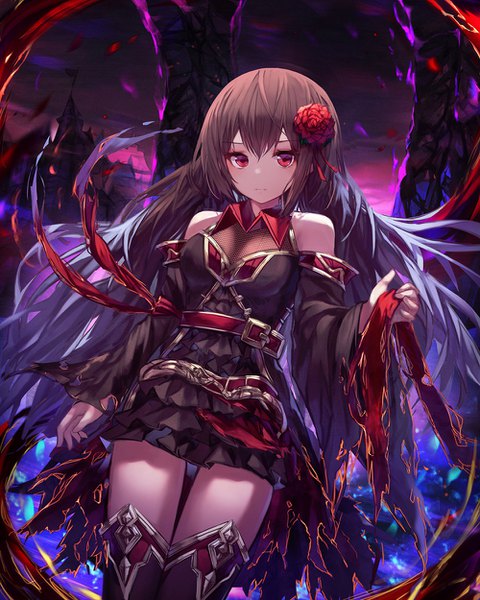 Anime picture 1000x1250 with original yohaku single long hair tall image looking at viewer blush fringe breasts hair between eyes red eyes brown hair standing bare shoulders holding payot hair flower night wide sleeves dutch angle