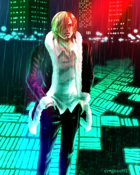 Anime picture 760x953 with one piece toei animation sanji oregano551 single tall image fringe short hair open mouth blonde hair standing signed outdoors black eyes hair over one eye teeth wet fur trim city looking up