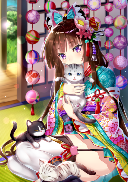 Anime picture 848x1200 with original hakuda tofu single tall image looking at viewer blush light erotic brown hair purple eyes very long hair traditional clothes japanese clothes hair flower covered mouth girl thighhighs hair ornament flower (flowers) bow hair bow