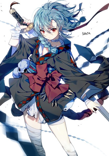 Anime picture 700x1000 with original sorolp single tall image looking at viewer fringe short hair hair between eyes red eyes white background signed blue hair braid (braids) traditional clothes japanese clothes from above wind twin braids torn clothes girl