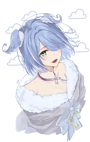Anime picture 2607x4072 with virtual youtuber nijisanji nijisanji en elira pendora elira pendora (2nd costume) gorae15 single tall image fringe highres short hair open mouth white background green eyes blue hair traditional clothes :d japanese clothes from above hair over one eye