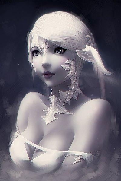 Anime picture 666x1000 with final fantasy final fantasy xiv square enix au ra soranamae single tall image short hair light erotic bare shoulders white hair horn (horns) lips grey eyes monochrome girl hair ornament choker necklace scales