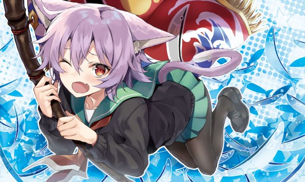 Anime picture 1220x730 with kantai collection tama light cruiser kakao rantan single looking at viewer blush fringe short hair open mouth smile hair between eyes wide image holding brown eyes animal ears payot purple hair full body bent knee (knees) tail
