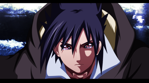 Anime picture 1280x720 with naruto studio pierrot naruto (series) uchiha sasuke skyline42 single short hair black hair red eyes wide image coloring portrait face sharingan boy cloak