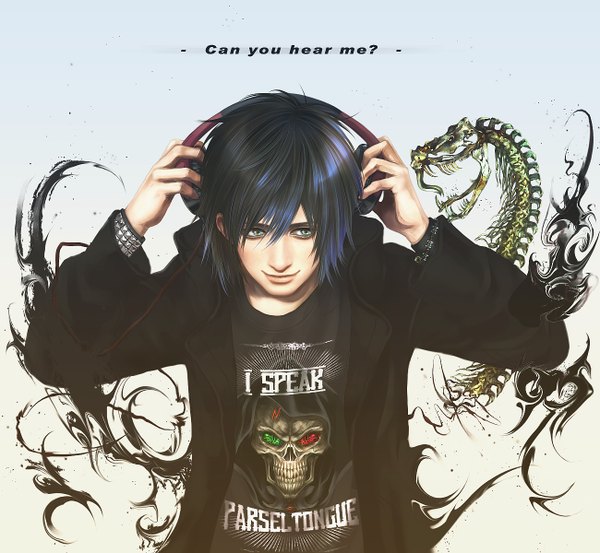 Anime picture 1300x1200 with harry potter albus severus potter flayu (artist) single short hair green eyes blue hair aqua eyes light smile inscription scar skeleton music skull print boy jacket headphones cape t-shirt skull