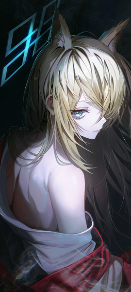 Anime picture 2645x5872 with blue archive kanna (blue archive) noubin single long hair tall image looking at viewer fringe highres blue eyes simple background blonde hair animal ears upper body hair over one eye off shoulder turning head black background smoke extra ears