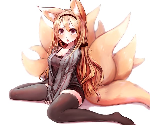 Anime picture 3000x2507 with original suke single long hair blush fringe highres breasts open mouth simple background white background sitting twintails brown eyes animal ears tail animal tail orange hair teeth fang (fangs)