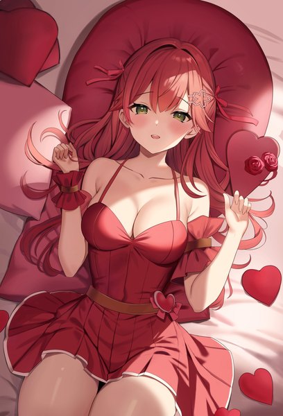 Anime picture 2265x3334 with virtual youtuber hololive sakura miko hatsuno xxx single long hair tall image looking at viewer blush fringe highres breasts light erotic hair between eyes large breasts green eyes red hair valentine girl dress