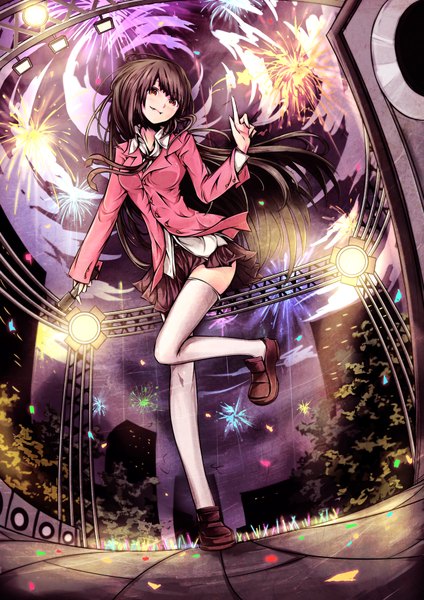 Anime picture 2480x3507 with original horai no han gengetsu single long hair tall image looking at viewer blush highres red eyes brown hair pleated skirt night sky fireworks girl thighhighs uniform school uniform white thighhighs building (buildings) microphone