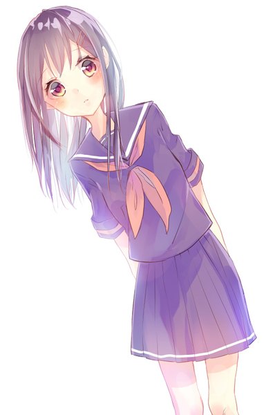 Anime picture 993x1559 with original tyanotya single long hair tall image blush fringe simple background standing white background yellow eyes purple hair head tilt pleated skirt pink eyes hands behind back multicolored eyes girl skirt uniform