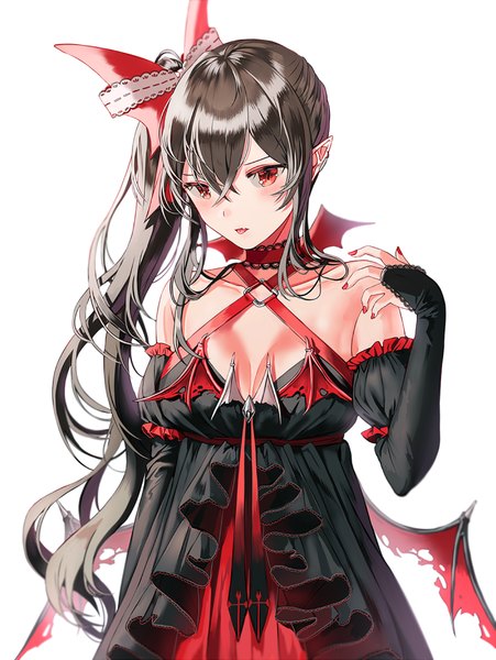 Anime picture 650x865 with original silence girl single long hair tall image looking at viewer blush fringe breasts light erotic black hair simple background hair between eyes red eyes standing white background bare shoulders payot cleavage upper body