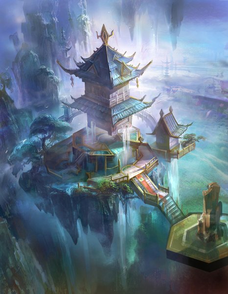 Anime picture 1200x1545 with rong rong (shenhaiyuyou) tall image no people rock waterfall architecture east asian architecture floating island plant (plants) tree (trees) water building (buildings) stairs bridge island