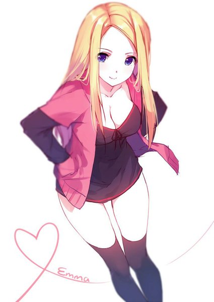 Anime picture 700x989 with original emma (caidychen) caidychen single long hair tall image looking at viewer breasts blue eyes simple background blonde hair smile white background cleavage zettai ryouiki character names pale skin jpeg artifacts heart of string girl