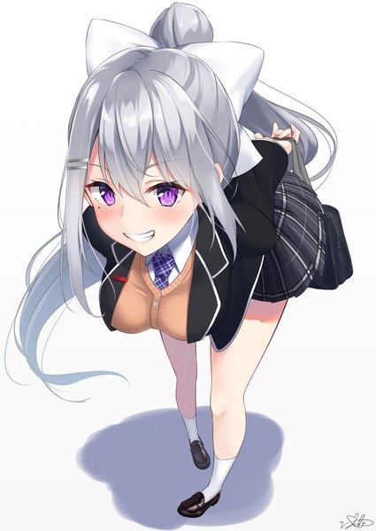 Anime picture 2579x3642 with virtual youtuber nijisanji higuchi kaede mirea single long hair tall image looking at viewer blush fringe highres breasts simple background smile hair between eyes standing white background purple eyes payot silver hair