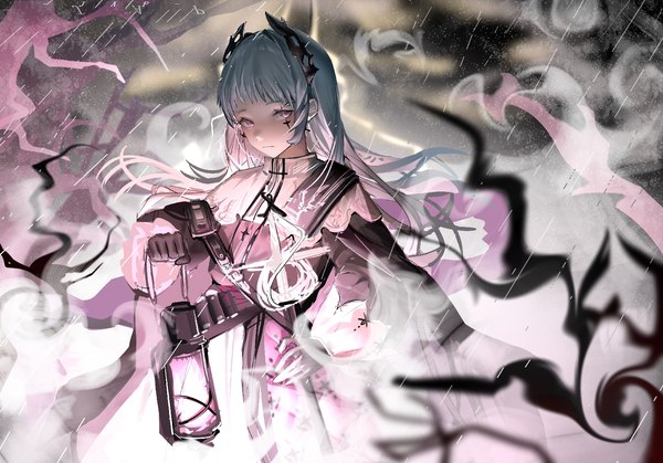 Anime picture 1548x1080 with arknights irene (arknights) chouchouhei single long hair looking at viewer fringe blunt bangs pink eyes horn (horns) wind grey hair hand on hip facial mark girl gloves lantern