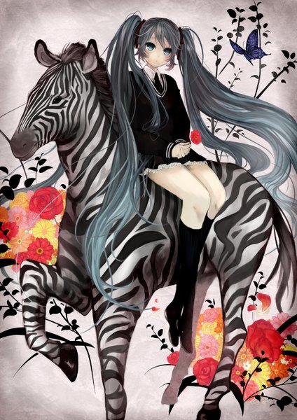 Anime picture 1000x1414 with vocaloid saihate (vocaloid) hatsune miku pisuke long hair tall image twintails aqua eyes aqua hair riding girl uniform flower (flowers) school uniform insect butterfly knee socks giraffe