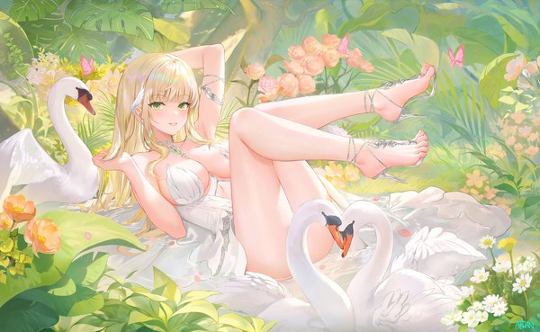 Anime picture 2400x1475 with original atdan single long hair looking at viewer blush fringe highres breasts light erotic blonde hair smile wide image large breasts green eyes signed full body bent knee (knees) outdoors lying