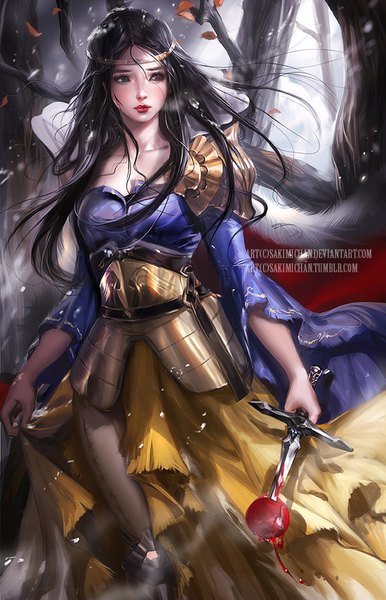Anime picture 600x931 with snow white and the seven dwarfs snow white sakimichan single long hair tall image blush breasts black hair standing holding looking away outdoors wind black eyes realistic wide sleeves fur trim lipstick thighs
