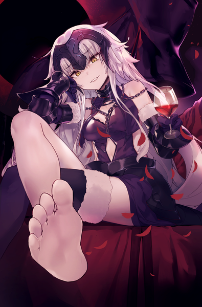 Anime picture 940x1428 with fate (series) fate/grand order jeanne d'arc (fate) (all) jeanne d'arc alter (fate) jeanne d'arc alter (avenger) (third ascension) (fate) akieda single long hair tall image looking at viewer fringe light erotic smile hair between eyes sitting bare shoulders holding yellow eyes silver hair full body