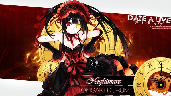 Anime picture 1366x768 with date a live tokisaki kurumi tammypain single long hair black hair smile wide image twintails bare shoulders heterochromia hands on hips uneven twintails girl dress detached sleeves frills clock