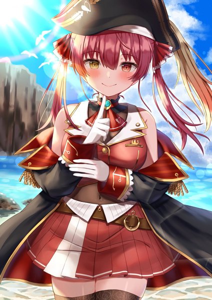 Anime picture 1357x1920 with virtual youtuber hololive houshou marine houshou marine (1st costume) amai melo single long hair tall image looking at viewer blush smile twintails sky cloud (clouds) outdoors red hair pleated skirt heterochromia lens flare rock