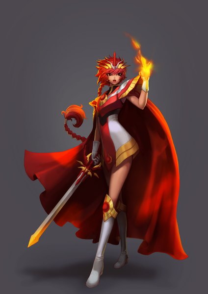 Anime picture 992x1403 with magic knight rayearth clamp shidou hikaru gloomines (evolvis) single long hair tall image fringe open mouth simple background red eyes standing red hair dark skin girl gloves weapon sword cloak