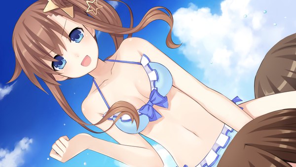 Anime picture 1920x1088 with choujigen game neptune masujima ai (choujigen game neptune) tsunako long hair looking at viewer blush fringe highres breasts open mouth blue eyes light erotic hair between eyes brown hair wide image payot game cg sky cleavage cloud (clouds)