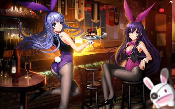 Anime picture 1000x625 with date a live yatogami tooka izayoi miku liang xing long hair looking at viewer light erotic sitting purple eyes multiple girls animal ears blue hair purple hair tail animal tail bunny ears crossed legs bunny girl bunny tail girl