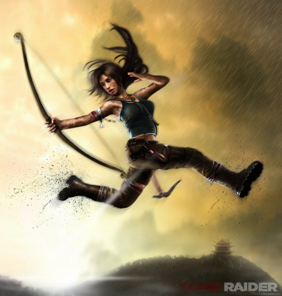 Anime picture 2497x2628 with tomb raider lara croft eddy-shinjuku single long hair tall image highres open mouth brown hair bare shoulders looking away realistic inscription rain jumping dirty girl navel weapon choker
