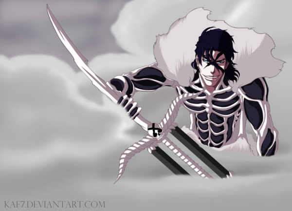 Anime picture 2000x1444 with bleach studio pierrot ginjou kuugo aconst single highres short hair blue eyes black hair smile coloring smoke boy weapon armor fur skull huge weapon huge sword