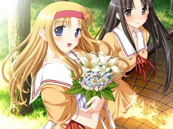 Anime picture 1024x768 with alto miharu - alto another story wakana chitose sakuraoka miharu long hair black hair blonde hair multiple girls brown eyes game cg girl flower (flowers) ribbon (ribbons) 2 girls hair ribbon serafuku